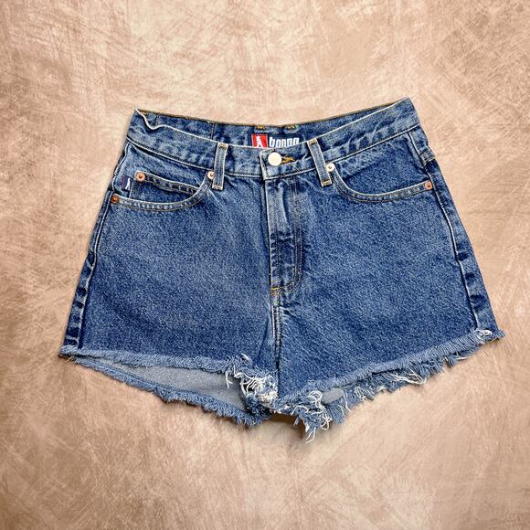Vintage 90s Bongo High Waisted Denim Shorts Mini Raw Edge Blue Junior's 3 Indie - Picture 1 of 7